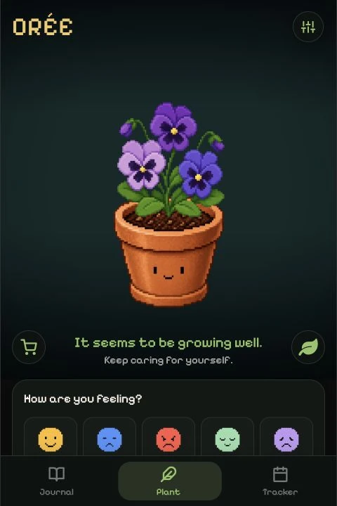 Orée : une plante en pixel art et le choix de l’humeur du jour.