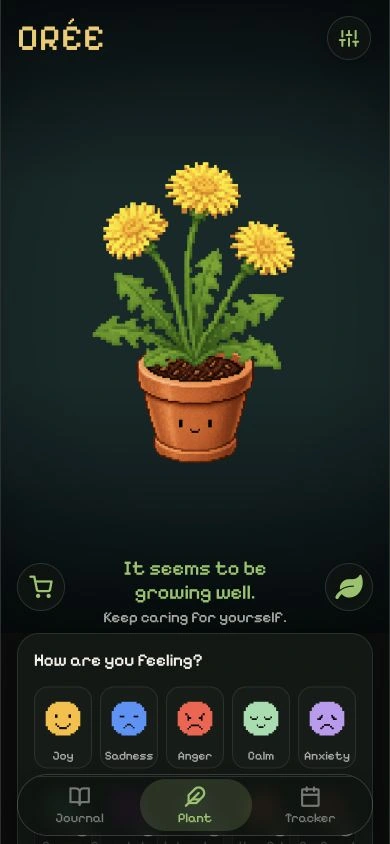 Écran Plante d’Orée : un pissenlit en pixel art et les humeurs du jour.